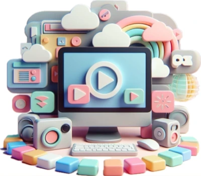 Image of computer so rounded by media icons made with Copilot